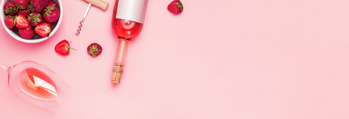 Banner with rose wine and strawberries on pink background,