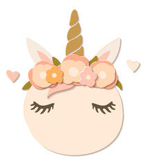 Flat paper cut style pumpkin dressed as unicorn in flower wreath. Hand drawn vector illustration. Cartoon cute character