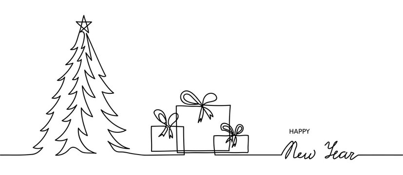Minimal Happy New Year banner, background. One, continuous line drawing New Year simple banner with christmas tree and presents. 
