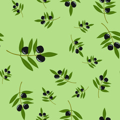 Seamless pattern of olive branches and black olives on a green background. Vector illustration.