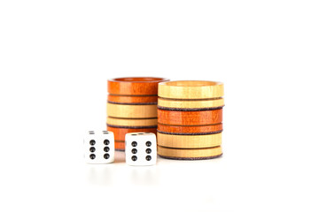 Isolated checkers and dice on a white background,. Board games.