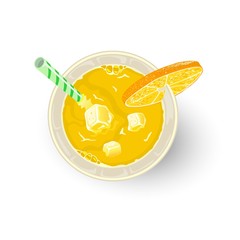 Yellow drink from citrus fruits and other ingredients in glass with straw, slice of orange or lemon. Aperitif, alcoholic cocktail paradise, screwdriver, tequila sunrise, mimosa. Mocktail. Top view.