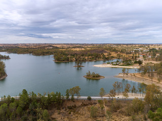 Aerial view of Mina de Sao Domingos, Tapada Grande River Beach lagoon, famous tourist destination, Alentejo, Portugal.