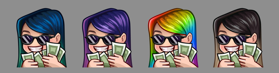 Emotion icons happy girl with sunglasses and money for social networks and stickers