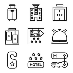 Hotel icon set include suitcase, luggage, bag, travel, hotel, apartment, room, lodging, elevator, lift, sign board, stars, bell, desk bell, receptionist, door hanger, knob, sign, door, hotel rating