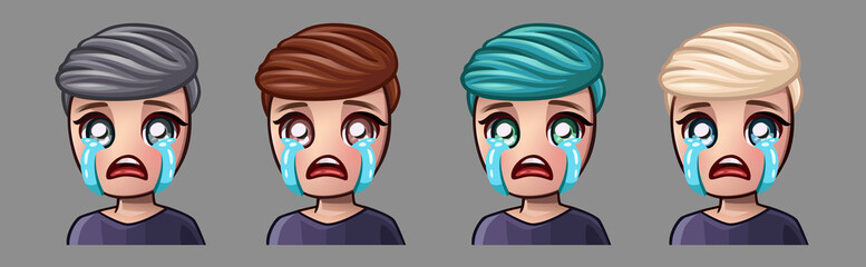 Emotion icons crying boy for social networks and stickers. Vector illustration