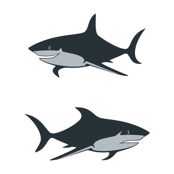 The shark is smiling and the shark is upset. Abstract concept, icon set. Vector illustration on a white background.