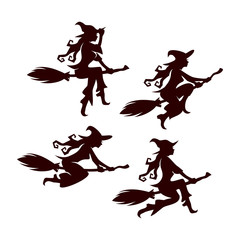 Halloween flying witch vector silhouette set of 4