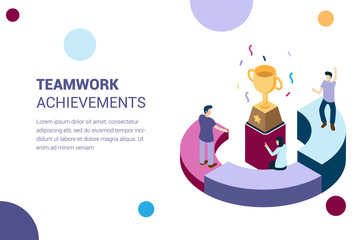 interaction of teamwork in achievement, success in 3d isometric illustration style