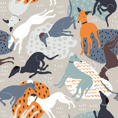 Nahtloses Muster mit handgezeichneten Windhunden. Kreative Hundetextur im skandinavischen Stil. Ideal für Stoff, Textil-Vektor-Illustration