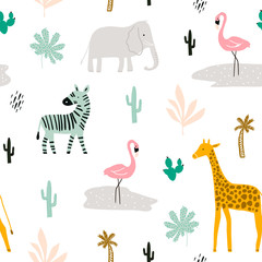 Seamless childish pattern with african animals. Creative scandinavian kids texture for fabric, wrapping, textile, wallpaper, apparel. Vector illustration