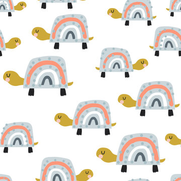 Seamless pattern with cute rainbow turtles. Creative texture in scandinavian style. Great for fabric, textile Vector Illustration
