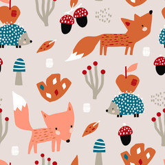 Naadloos herfstpatroon met vos, paddestoelen en egel. Creatieve herfsttextuur voor stof, verpakking, textiel, behang, kleding. vector illustratie