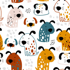 Modèle sans couture avec des chiens drôles. Texture enfantine créative dans un style scandinave. Idéal pour le tissu, textile Vector Illustration
