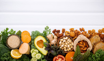Ingredients for the healthy foods selection on white background. Balanced healthy ingredients of unsaturated fats and fiber for the heart and blood vessels.