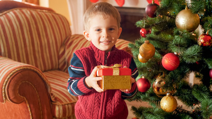 Fototapeta na wymiar Portrait of litle boy with Christmas gift standing next to decorated Christmas tree at house