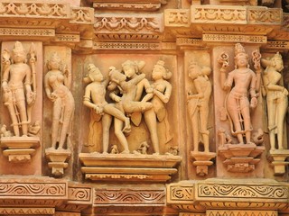 Erotic Human Sculptures at Vishvanatha Temple, Western temples of Khajuraho, Madhya Pradesh, India. Built around 1050, Khajuraho is UNESCO World heritage site and is tourist destination for erotica.