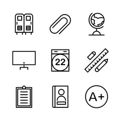 Education icon set include locker, safe, school, lockers, attach, tool, attachment, earth, globe, maps, geography, computer, monitor, screen, tv, calendar, date, schedule, eraser, pencil, ruler