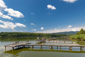 Fototapeta na wymiar Pier on the pond Jenoi-to, Hungary