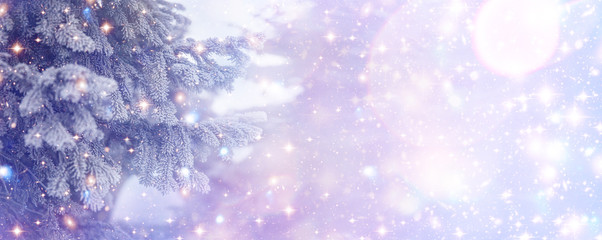 Christmas and New Year holidays background, greeting card. Glitter lights backdrop. Winter season. Text space. Closeup of Christmas-tree. Elements of this Image Furnished by NASA.