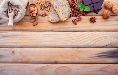 Ingredients for the healthy foods selection. The concept of healthy food set up on shabby wooden background.