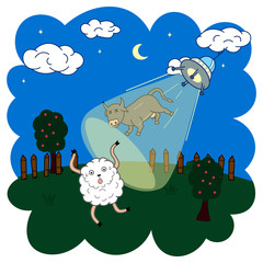 funny doodle sheep running from ufo, cartoon drawing animal, night stars and green field outdoor background, print for kids apparel, books, editable vector illustration