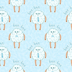 cute doodle boy sheeps seamless pattern, cartoon drawn animals, lovely blue background, for kids apparel, fabric,textile, paper, editable vector illustration