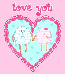 two cute doodle sheeps postcard, cartoon drawn animals, love you greeting card on valentine's day, editable vector illustration