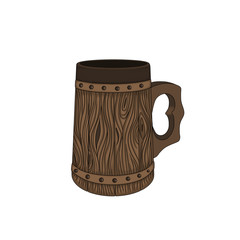 Vintage wooden beer mug. Medieval tankard. Hand drawn illustration with single object isolated on white background. Beautiful element for Oktoberfest and St.Patrick 's day decoration.