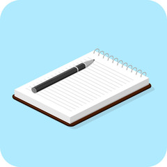 Flat Isometric Notepad With Pen On Lined Paper Vector Icon
