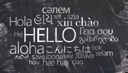 Hello text on Different languages chalk writing on chalkboard