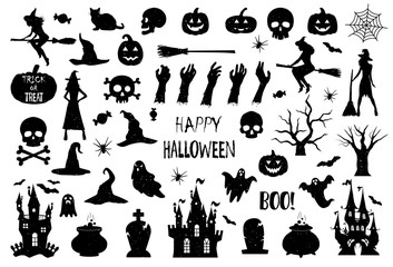 Fototapeta premium Halloween icons silhouettes. Halloween icons. Vintage texture effect. Happy Halloween. Vector
