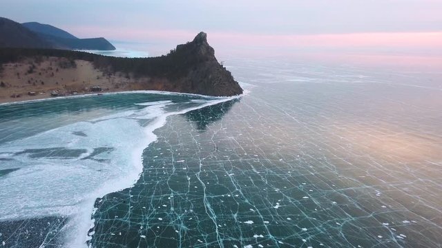 Sandy Bay on lake Baikal in winter. Siberia, Russia, aerial view.