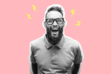 Crazy hipster guy emotions. Collage in magazine style with happy emotions. Discount, sale, season sales. Smart man