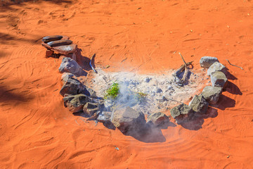 Traditional stone and bush plants used during the smoking ceremony among Indigenous Australians. Plants are burned to produce smoke which is believed to cleansing properties. Red sand on background.