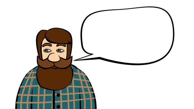 An animated bearded man speaks and a bubble appears. Alpha channel. Looped animation