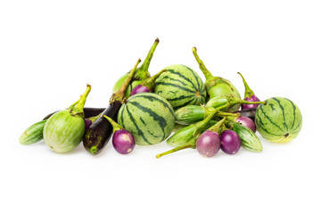 Closeup image of fresh thailand eggplants group isolated at white background.