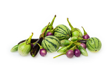 Closeup image of fresh thailand eggplants group isolated at white background.