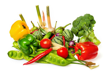 Closeup image og fresh thailand vegetables group isolated at white background. Healthy lifestyle concept.
