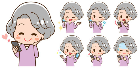 Set of illustrations senior women have smartphones