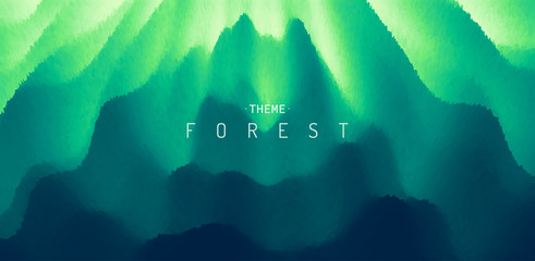 Natural green blurred background. Mossy tree trunk in summer forest scene. Abstract vector illustration.