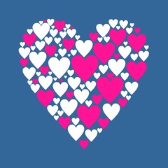 Heart made up of many white and pink hearts of different sizes. Vector icon on blue background.