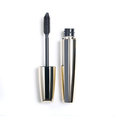 Gold tube black mascara on white background isolation, top view