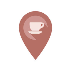 Location pin pointer with coffee cupk vector icon. Location marker for cafe with long shadow effect.