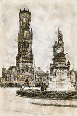 Digital artistic Sketch of a Scene in Bruges
