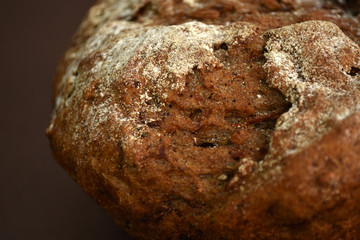Whole grain rye bread, isolated on dark background. Closeup