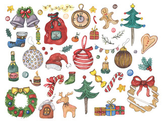 A large watercolor set with the symbols of Christmas and New Year painted by hand in watercolor paints and is perfect for all types of design and printing