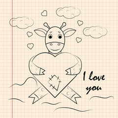 contour childrens illustration little giraffe embraces the heart with I love you drawn on a notebook in the box