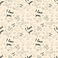 contour seamless childrens illustration little giraffe embraces the heart with I love you drawn on a notebook in the box