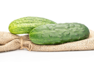 Group of two whole fresh green pickling cucumber on jute bag isolated on white background